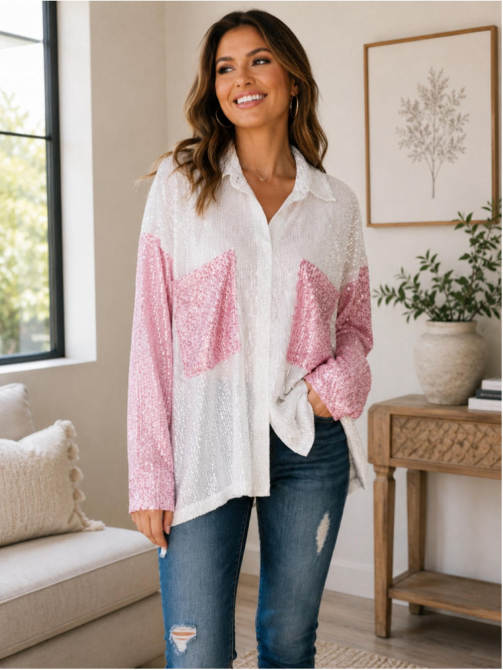 POL Pink & White Sequin Pink Colorblock Oversized Button-Up Blouse S